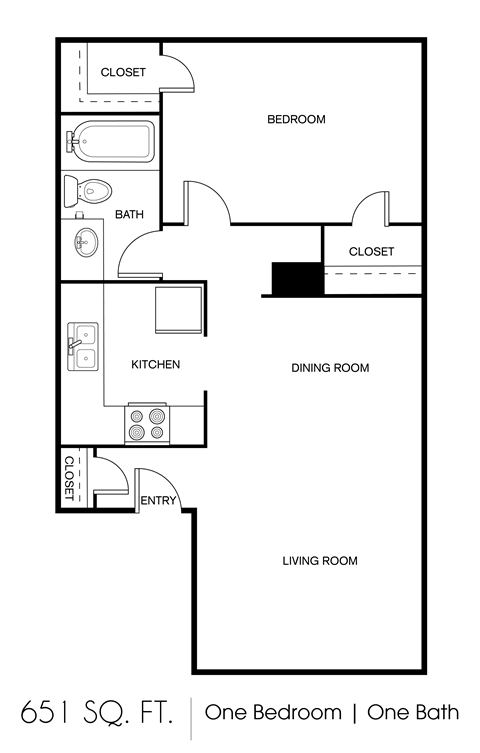 Floor plan for 1 bed, 1 bath, 651 sqft